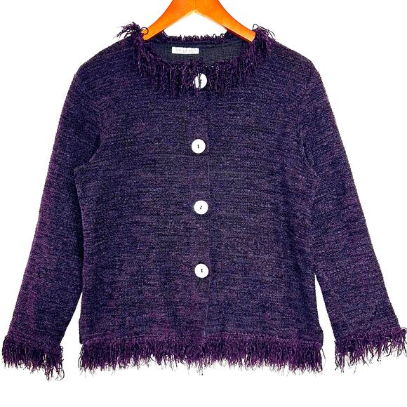 Vintage Avalin Knit Fringe Purple Button‎ Cardigan Sweater 90s Witchy Whimsygoth - Picture 1 of 8